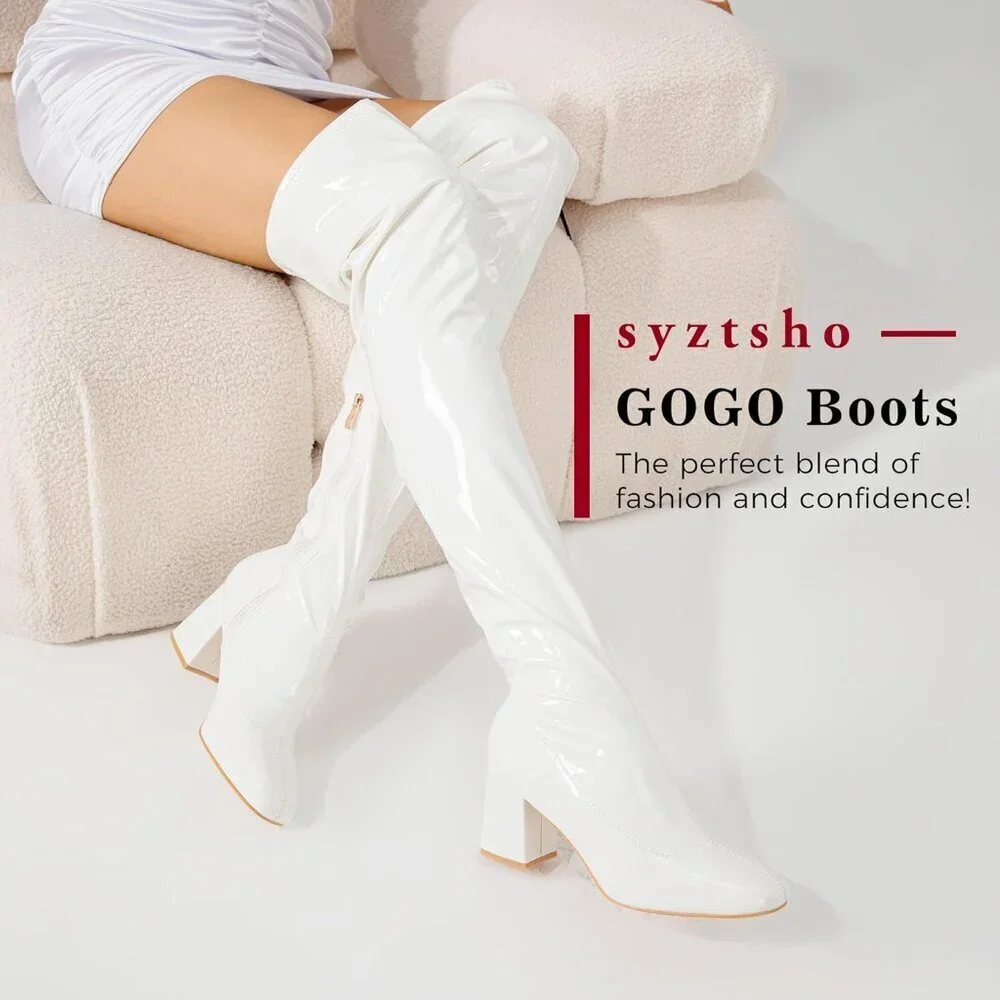 Women White Patent Leather PU Chunky Heel Over The Knee Square Toe Long Boot